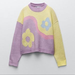 Zara Floral Jacquard Sweater Size M Purple Yellow NWT Size M